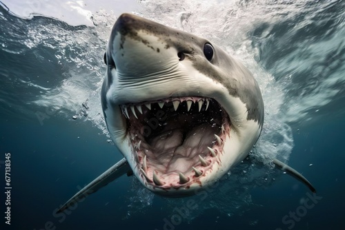 A shark underwater  opening his mouth. Coming towards the camera. Shark bite.