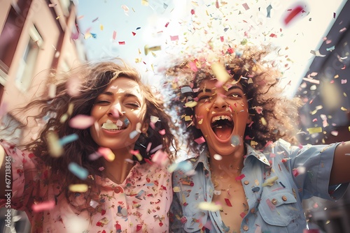 Two joyful women with colorful confetti in their hair and on their clothes