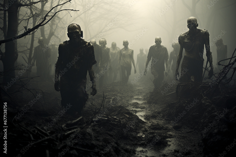 Zombies walking through a cemetery under the eerie moonlight, evoking a chilling atmosphere of the undead in the night. Ai generated Zombies walking through a cemetery under the eerie moonlight, evoking a chilling atmosphere of the undead in the night. Ai generated