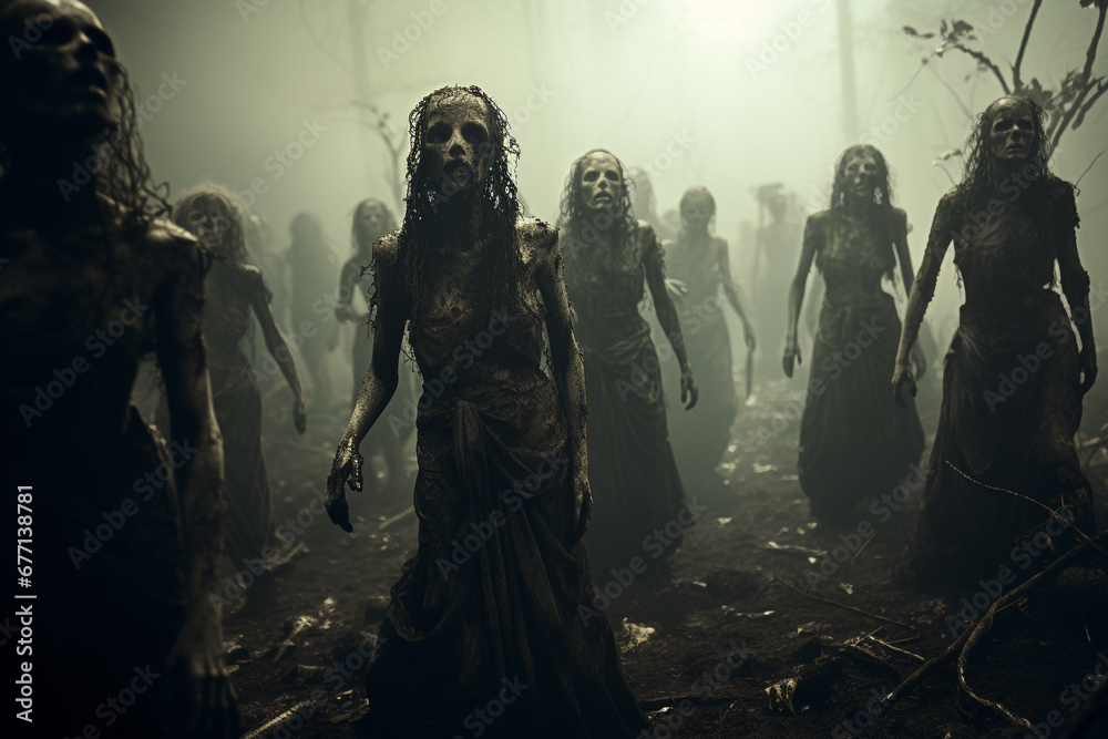 Zombies  walking through a cemetery under the eerie moonlight, evoking a chilling atmosphere of the undead in the night. Ai generated