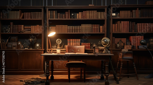 a vintage-style study with a wooden desk and a wall of shelves and a filing cabinet in the corner photo