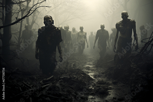 Zombies walking through a cemetery under the eerie moonlight, evoking a chilling atmosphere of the undead in the night. Ai generated