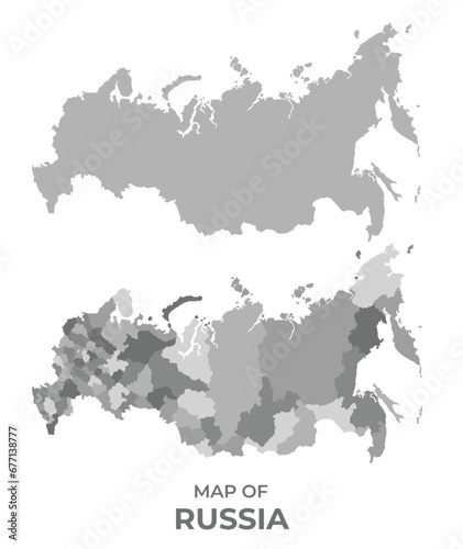 Greyscale vector map of Russia with regions and simple flat illustration