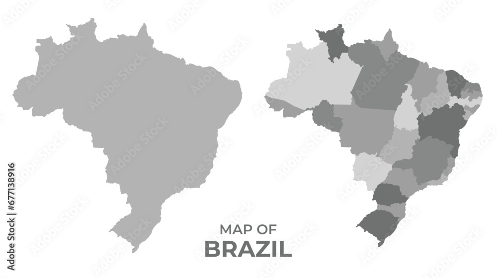 Greyscale vector map of Brazil with regions and simple flat illustration
