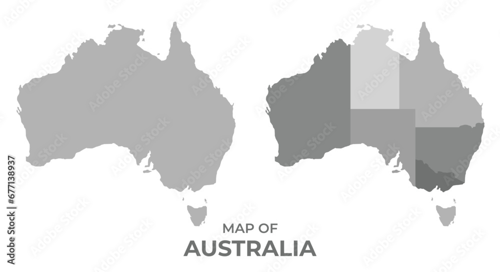 Greyscale vector map of Australia with regions and simple flat illustration