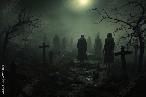 Zombies walking through a cemetery under the eerie moonlight, evoking a chilling atmosphere of the undead in the night. Ai generated