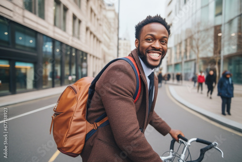 Successful smiling African American businessman with backpack riding a bicycle in a city street in London. Healthy, ecology transport	