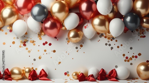Black, red and gold balloons, gift box and confetti on white background