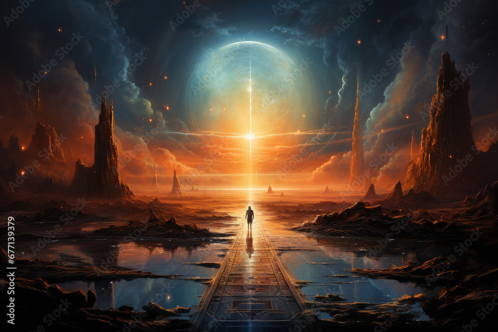 Fototapeta premium Journey of a man during his spiritual ascension, symbolizing the profound awakening and higher consciousness within. Ai generated