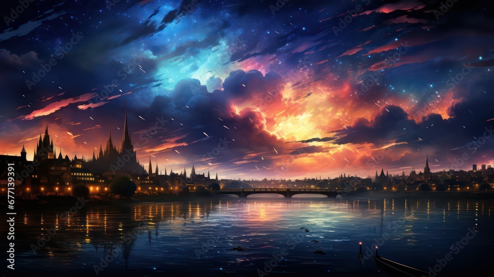 Colorful clouds on the background of the modern city and the river Colorful clouds on the background of the modern city and the river