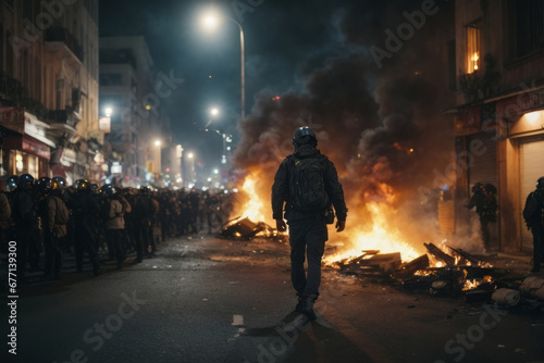 Burning of materials, bonfire and fire on the city street. Emergency, explosion, catastrophe, apocalypse, war, protests, riots concepts © liliyabatyrova