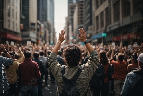 Rear view of a man with two raised hands in the crowd during a protest for human rights