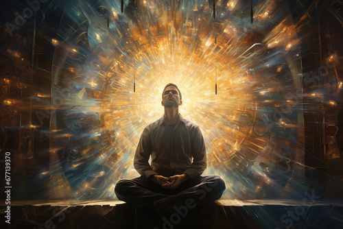 Journey of a man during his spiritual ascension, symbolizing the profound awakening and higher consciousness within. Ai generated