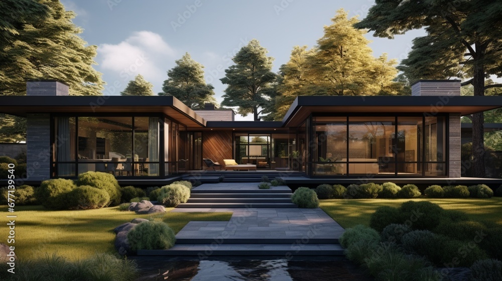 A mid-century modern marvel with clean lines, flat planes, and large windows, blending seamlessly with the natural surroundings for a harmonious design A mid-century modern marvel with clean lines, flat planes, and large windows, blending seamlessly with the natural surroundings for a harmonious design