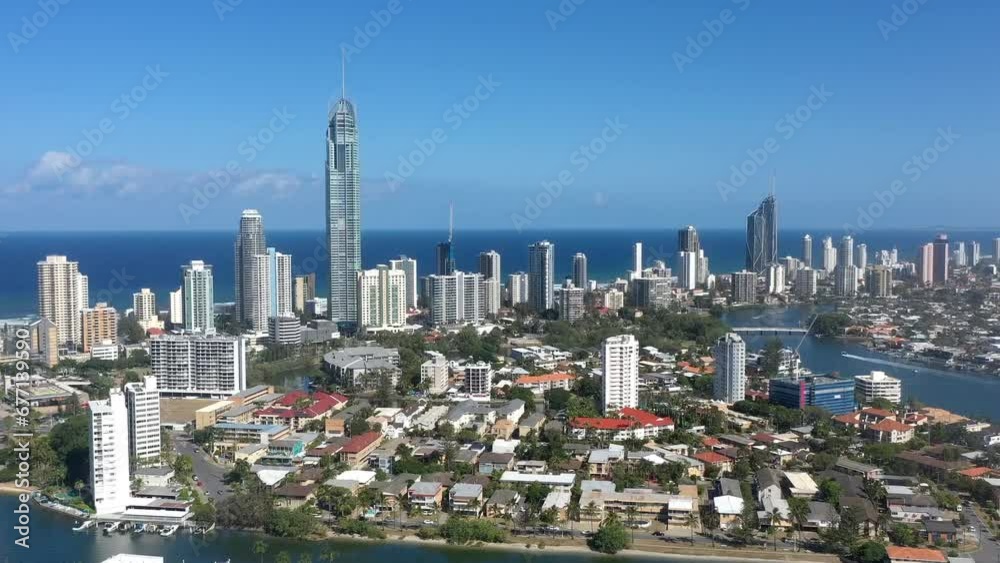 Skyline, ocean and speedboat for drone, coastal city and sea for vacation, houses and outdoor. Nature, manhattan and high rise with buildings, water and cityscape for travel, tourism and urban Skyline, ocean and speedboat for drone, coastal city and sea for vacation, houses and outdoor. Nature, manhattan and high rise with buildings, water and cityscape for travel, tourism and urban