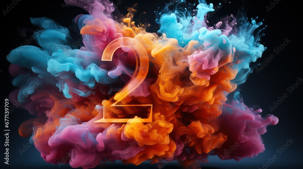 Fototapeta premium Number two made of multicolored paint splashes on black background
