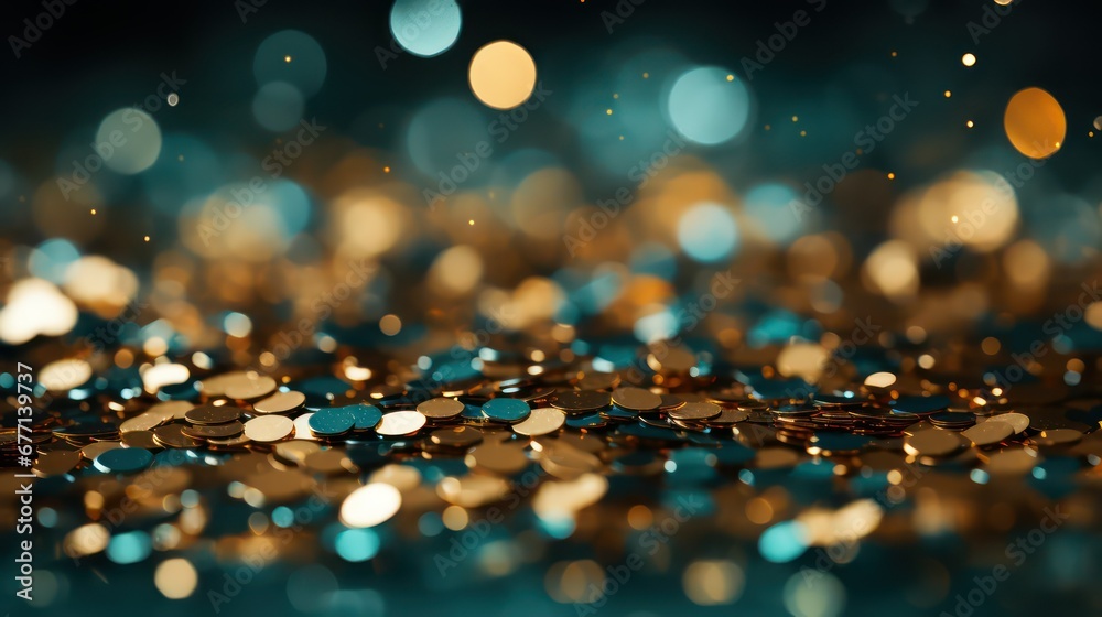 Shiny gold coins on a dark background with bokeh effect - obrazy, fototapety, plakaty 