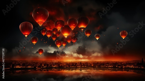 Red hot balloons in the sky at night and clouds