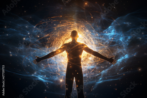 Man surrounded by a dynamic and vibrant energy field, visually portraying the power and vitality emanating from within. Ai generated © twindesigner