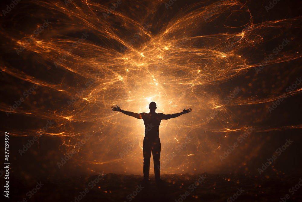 Man surrounded by a dynamic and vibrant energy field, visually portraying the power and vitality emanating from within. Ai generated