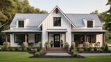 A modern farmhouse with a metal roof, board-and-batten siding, and a welcoming front porch, combining contemporary style with rural charm