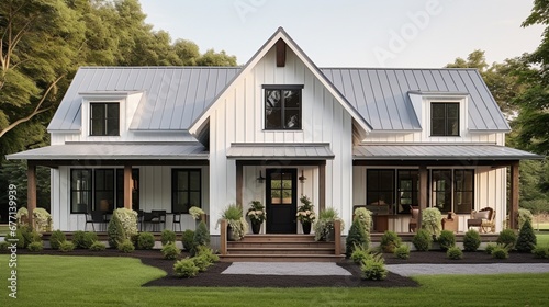 A modern farmhouse with a metal roof, board-and-batten siding, and a welcoming front porch, combining contemporary style with rural charm © artist