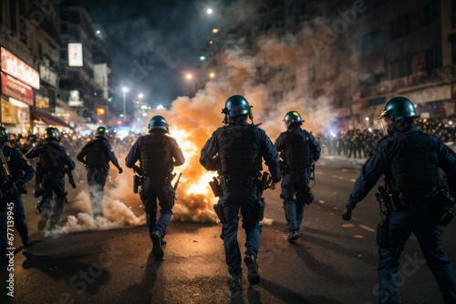 Police officers wearing protective masks, helmets and holding machine guns are running down the street filled with smoke. Emergency, fire, explosion, catastrophe, apocalypse, war, riots