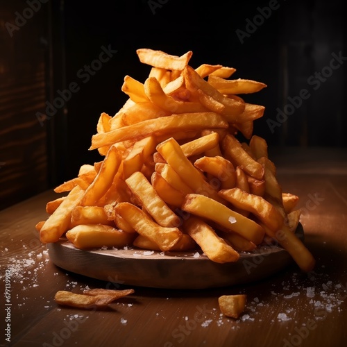 French fries on a white round plate on a dark wooden background