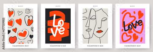 Creative concept of Happy Valentines Day card set. Modern abstract line art design with hearts, portrait of couple in love and typography.Template for ads, branding, banner, cover, label, poster print