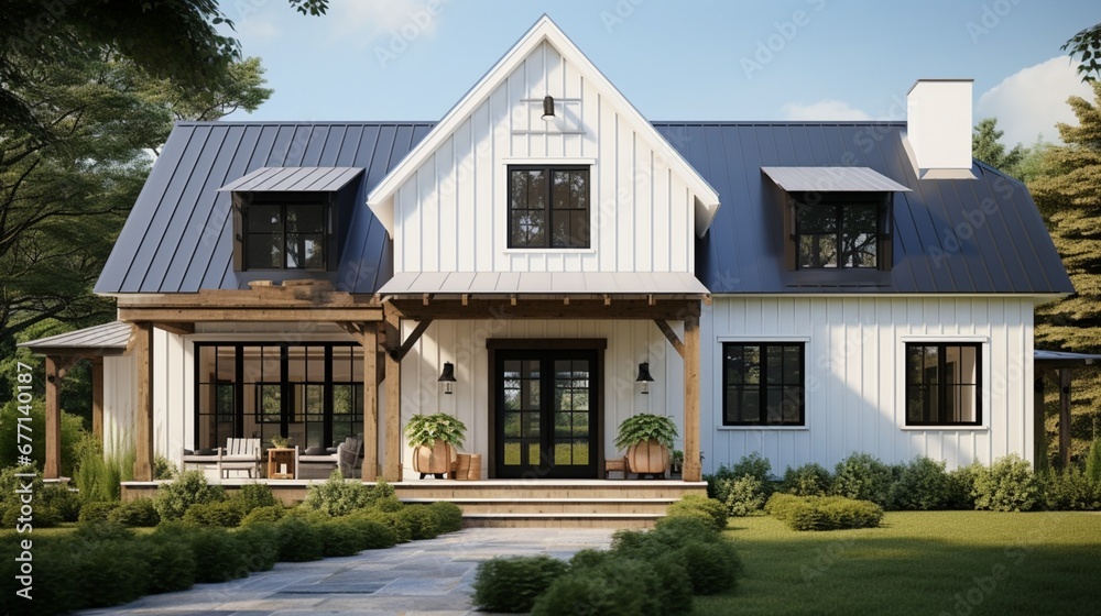 A modern farmhouse with a metal roof, board-and-batten siding, and a welcoming front porch, combining contemporary style with rural charm. 
