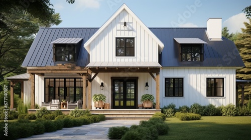 A modern farmhouse with a metal roof, board-and-batten siding, and a welcoming front porch, combining contemporary style with rural charm.  © artist