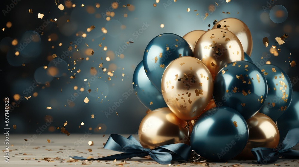 Blue and golden balloons with golden bow on the floor Blue and golden balloons with golden bow on the floor