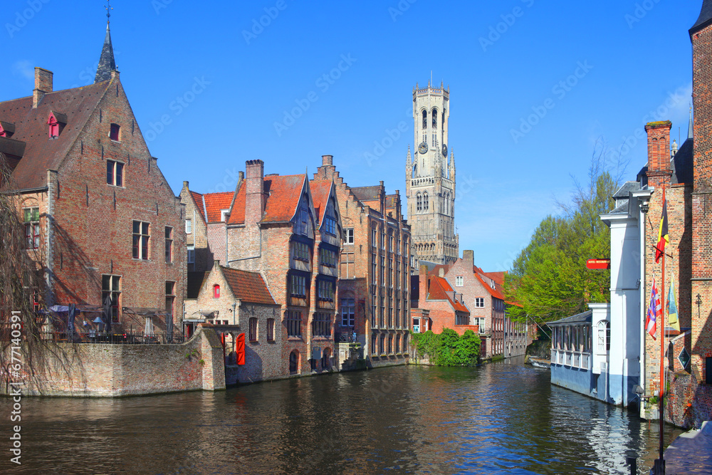 A cityscape of Bruges from a canal, Belgium