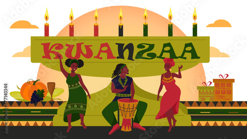 Kwanzaa Festival. African American women dancing and a man playing the drum. The symbol of the holiday is seven candles. First harvest, gifts.