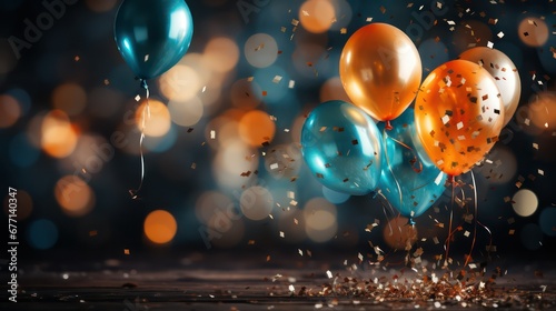 Blue and orange balloons on bokeh background with bokeh lights