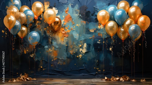 Balloons with gold and blue color with dark blue back ground photo