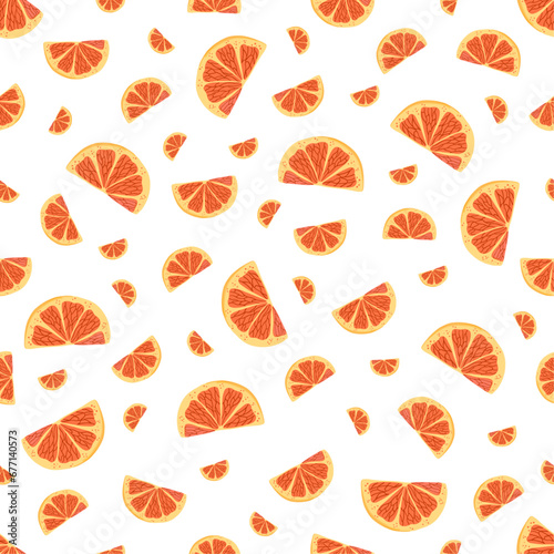 Orange slice seamless pattern. Natural and organic foods, citrus fruits. Great for fabric, textile, wrapping paper. Hand drawn vector illustration