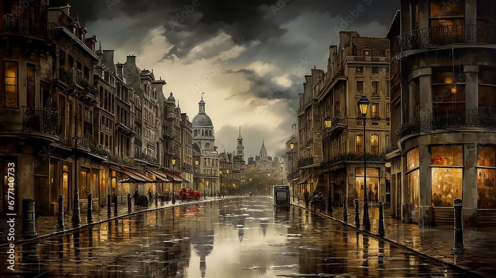 Architecture of European city. Old street after rain. Twilight, overcast sky. Glowing shop windows. Copy space. - obrazy, fototapety, plakaty 