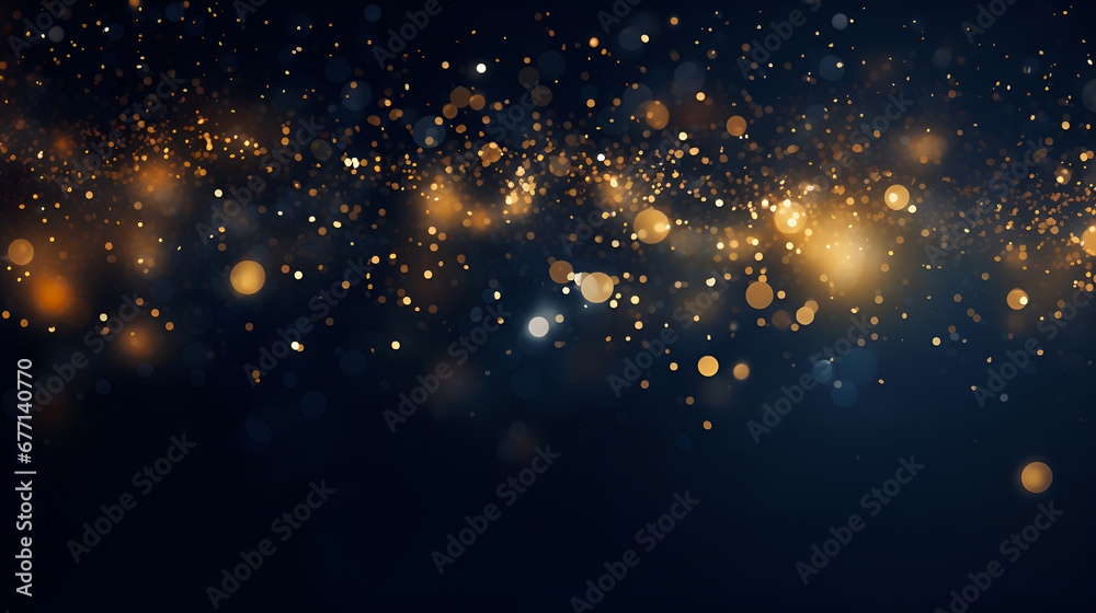 Christmas and New Year winter festive background. Yellow glowing circles of different sizes on dark blue blurred bokeh background with copy space for text. Concept of Christmas and New Year holidays. - obrazy, fototapety, plakaty 
