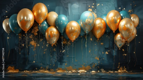 Golden and blue balloons with golden bluish painted background photo