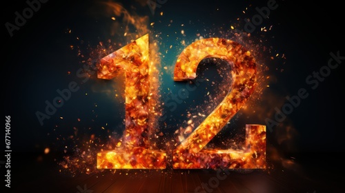 Twelve number in fire, flames and smoke on black background photo