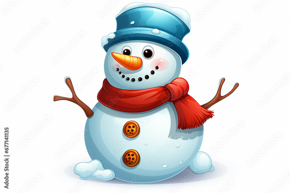 Cheerful snowman on white background in hat and with scarf, christmas