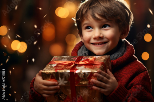 Happy kid as they receive a Christmas present  radiating the magic and innocence of the holiday season. Ai generated