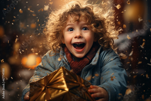 Happy kid as they receive a Christmas present, radiating the magic and innocence of the holiday season. Ai generated