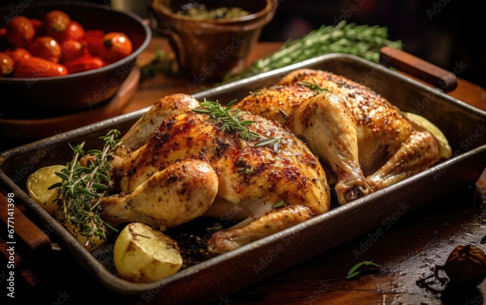 chicken rotisserie with thyme, and lemon closeup on a slate board and pan Dark Background chicken rotisserie with thyme, and lemon closeup on a slate board and pan Dark Background