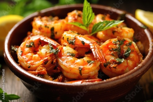 Sea Food Prawns in a white bowl Prawns is Indochinese cuisine, curry dish with prawns or shrimp roasted in  Sauces photo