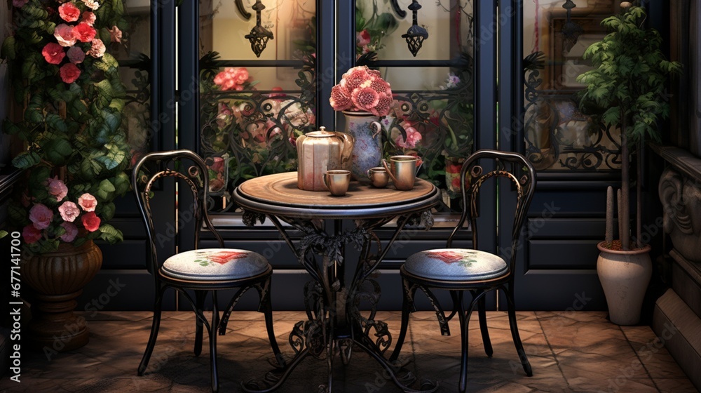 A Parisian-inspired bistro corner with a wrought-iron table, bistro chairs, and cascading flowers for a touch of romance. 