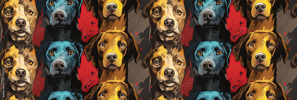 Fototapeta premium seamless pattern with multicolored dog faces on bright modern background for decoration
