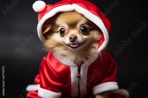 Adorable little dog wearing a festive Santa costume, spreading holiday cheer with its irresistible cuteness. Ai generated © twindesigner
