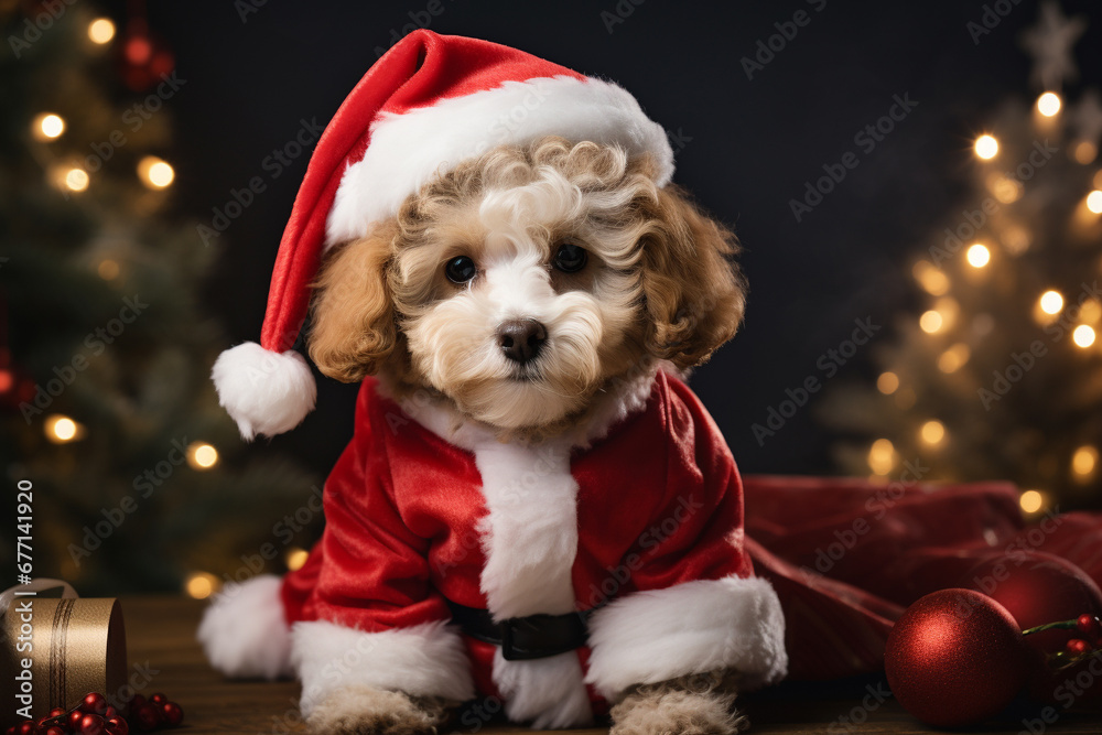 Adorable little dog wearing a festive Santa costume, spreading holiday cheer with its irresistible cuteness. Ai generated